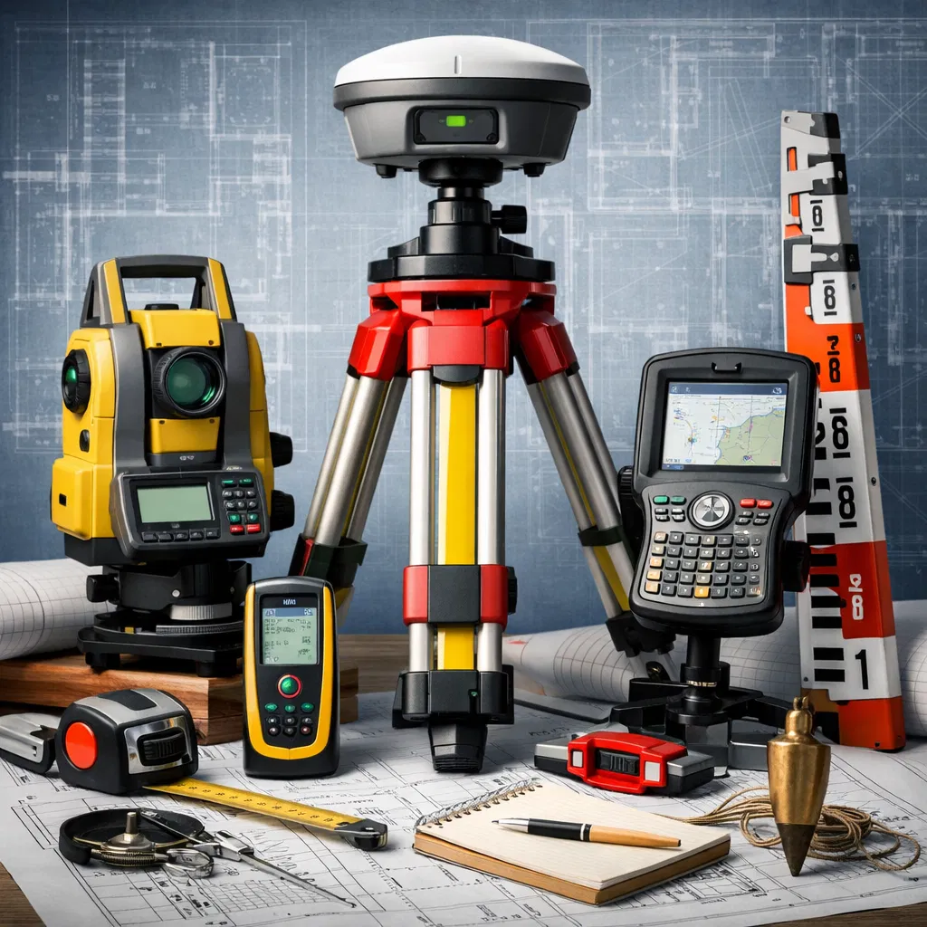 Traditional surveying tools including theodolite and GPS equipment alongside digital drone technology